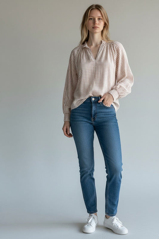 Gingham Peasant Blouse with Smocked Cuffs