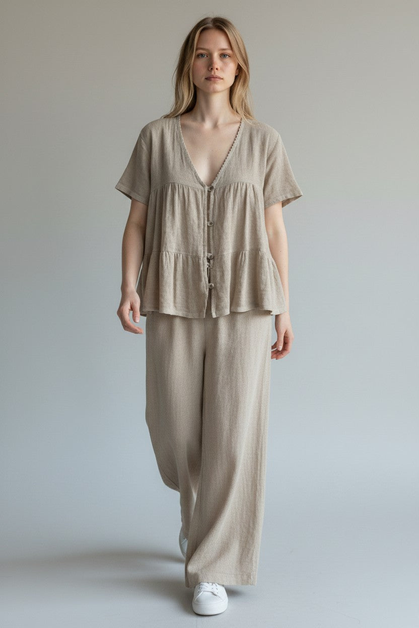 Linen Button Front Tier Top Lagenlook