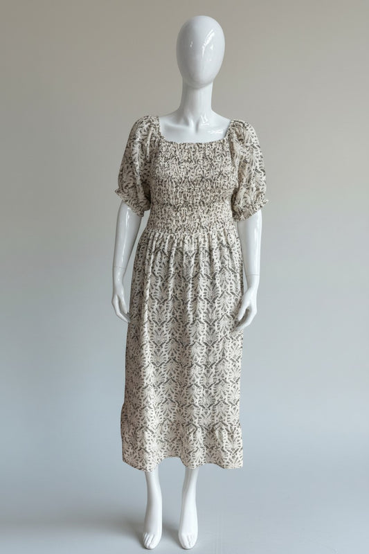 Shirred Elasticated Printed Waffle Cotton Bardot Dress