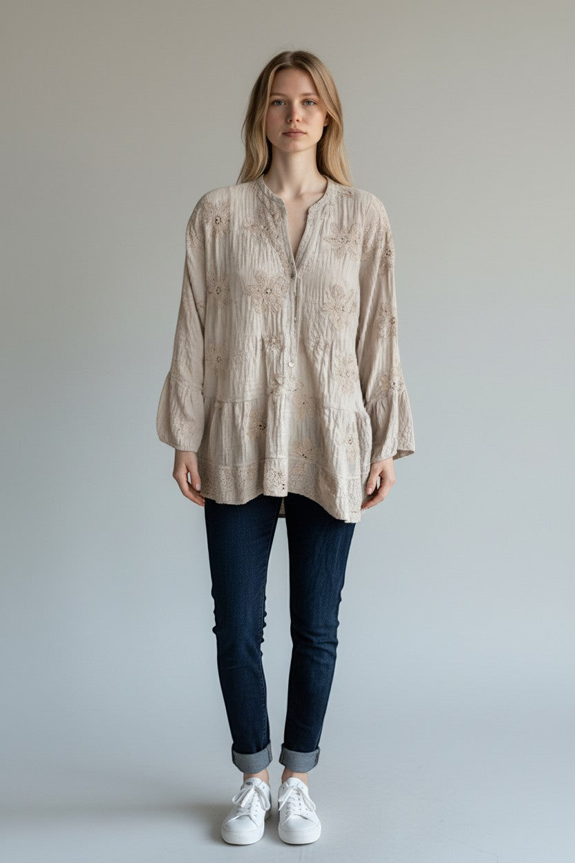 Made in Italy Waffle Cotton Embroided Smock Top