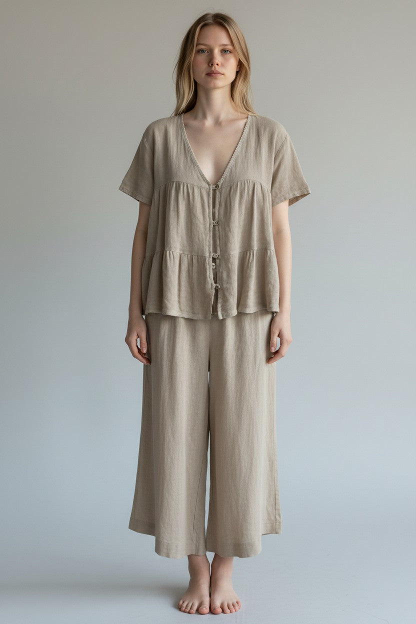 Linen Wide Leg Slant Hem Pant