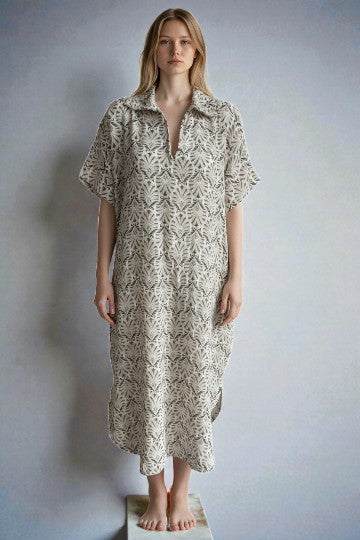 Cotton V Neck Printed Dress Lagenlook