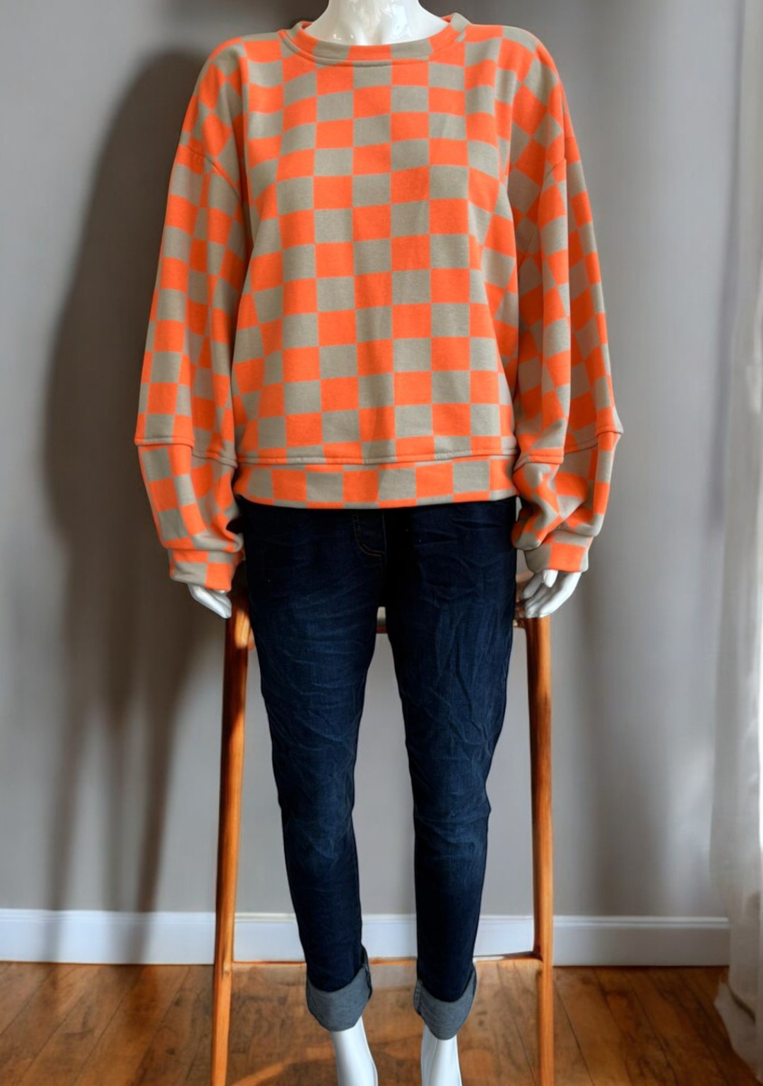 Made in Italy Balloon Sleeve Check Sweat Top