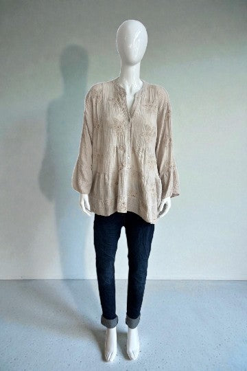 Made in Italy Waffle Cotton Embroided Smock Top