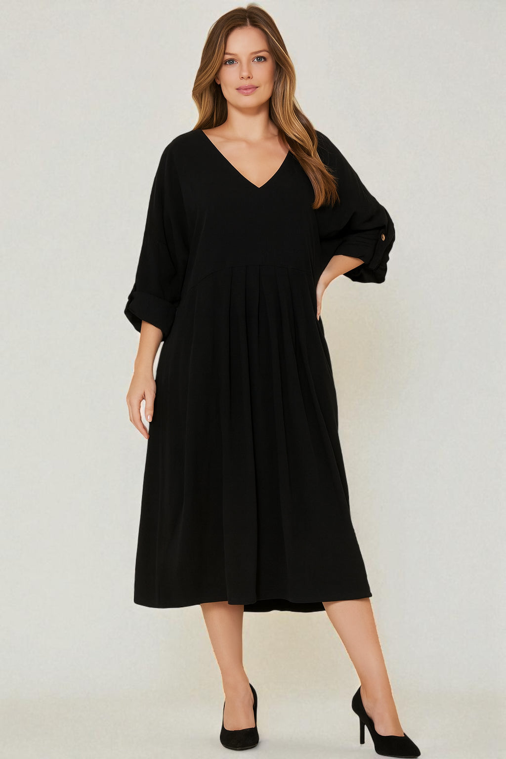 Made in Italy V Neck Corduroy Pleat Dress
