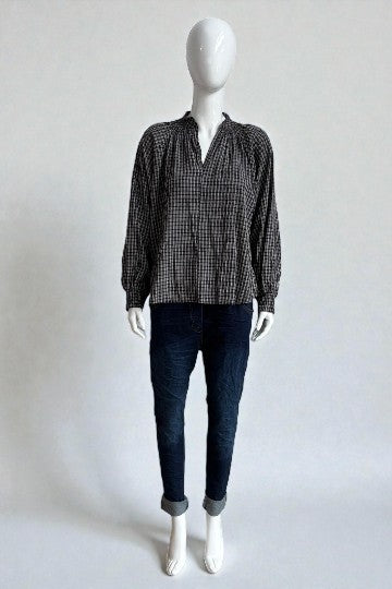 Gingham Peasant Blouse with Smocked Cuffs