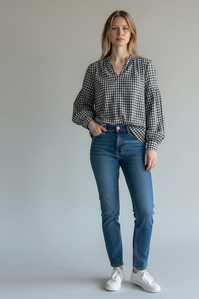 Gingham Peasant Blouse with Smocked Cuffs