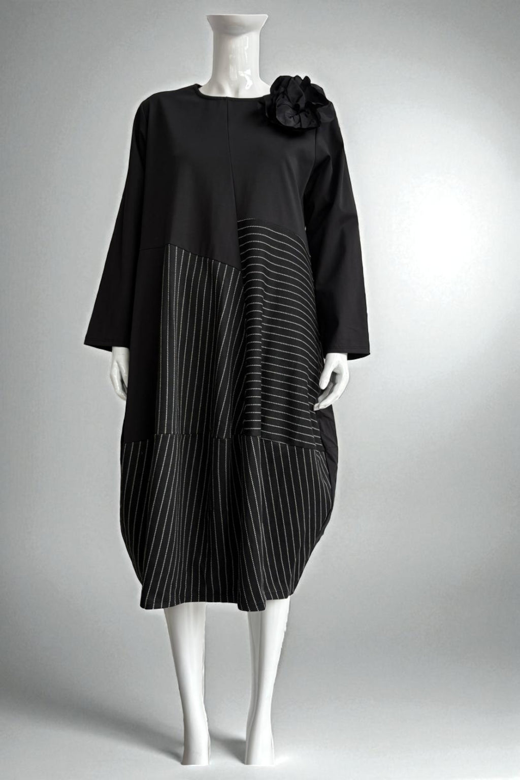 Asymmetric Patchwork Dress with Pinstripe Partywear
