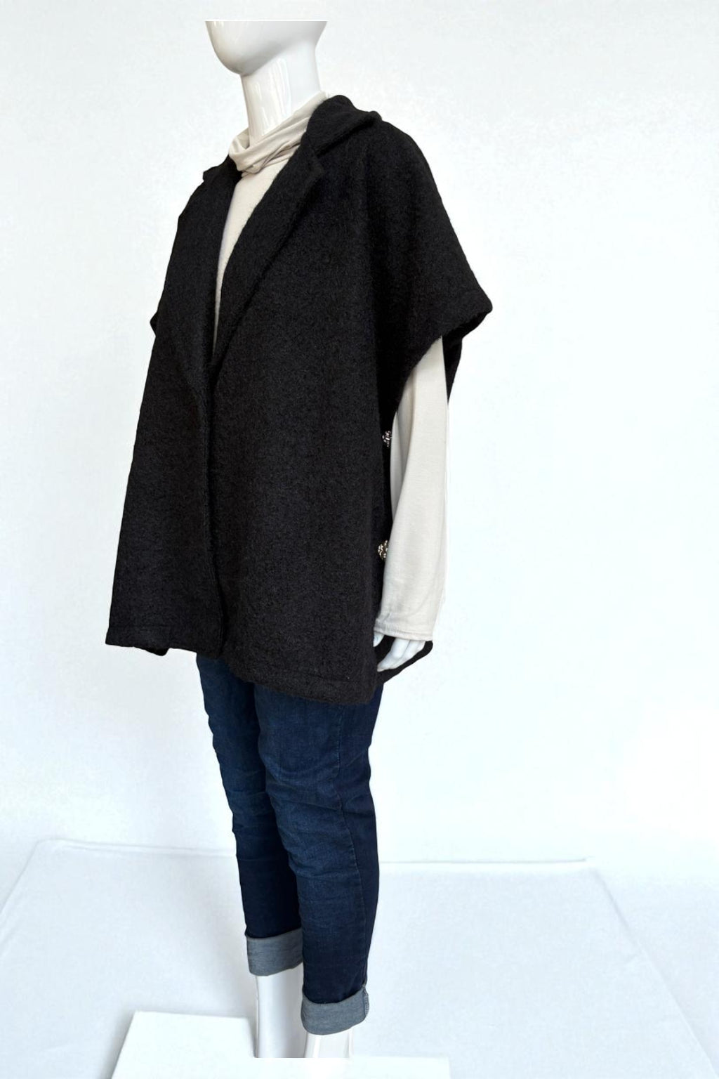 Women's Textured Wool Sleeveless Cape Jacket with Side Buttons