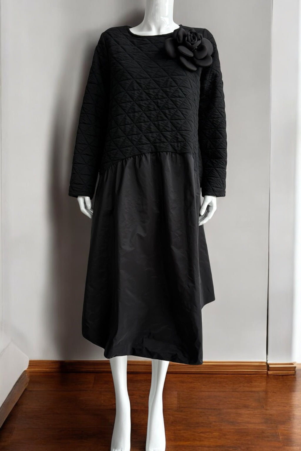Quilted Black Midi Dress with 3D Flower Detail Partywear