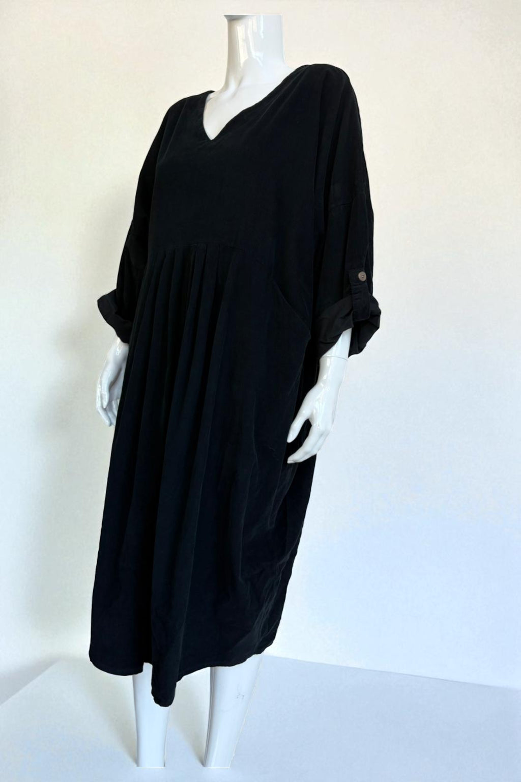 Made in Italy V Neck Corduroy Pleat Dress