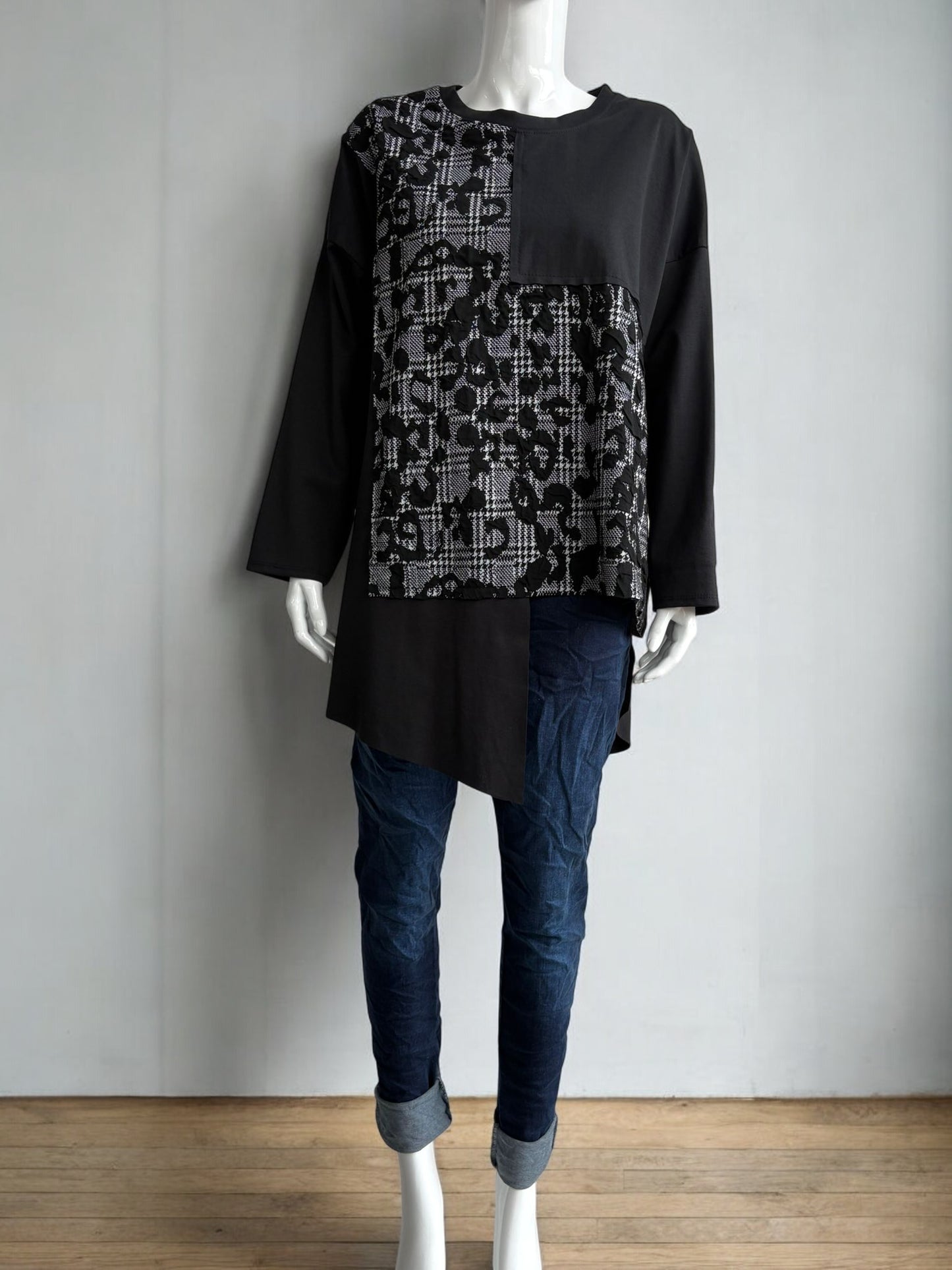 Asymmetric Pinstripe Patchwork  Long Sleeve Top