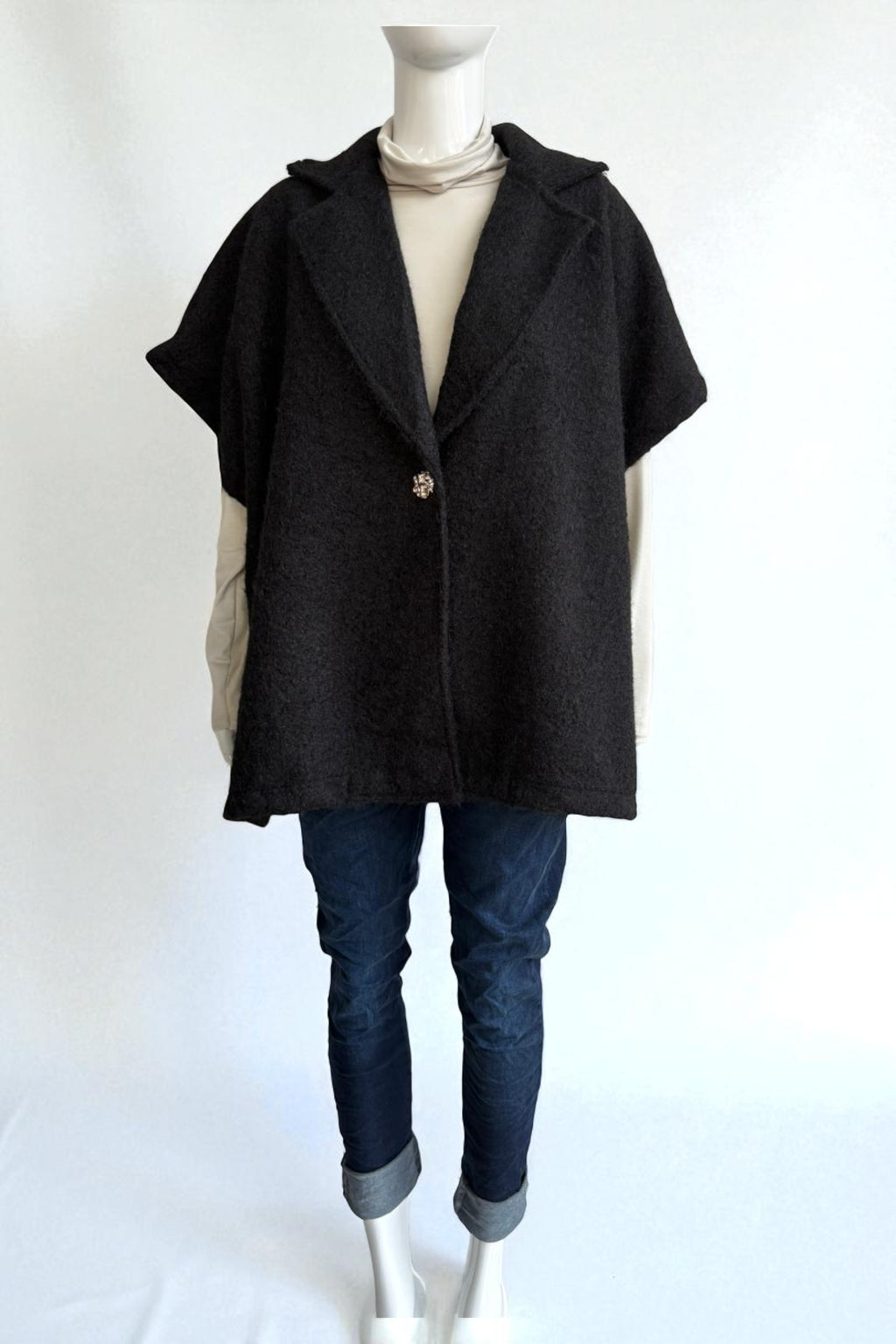 Women's Textured Wool Sleeveless Cape Jacket with Side Buttons