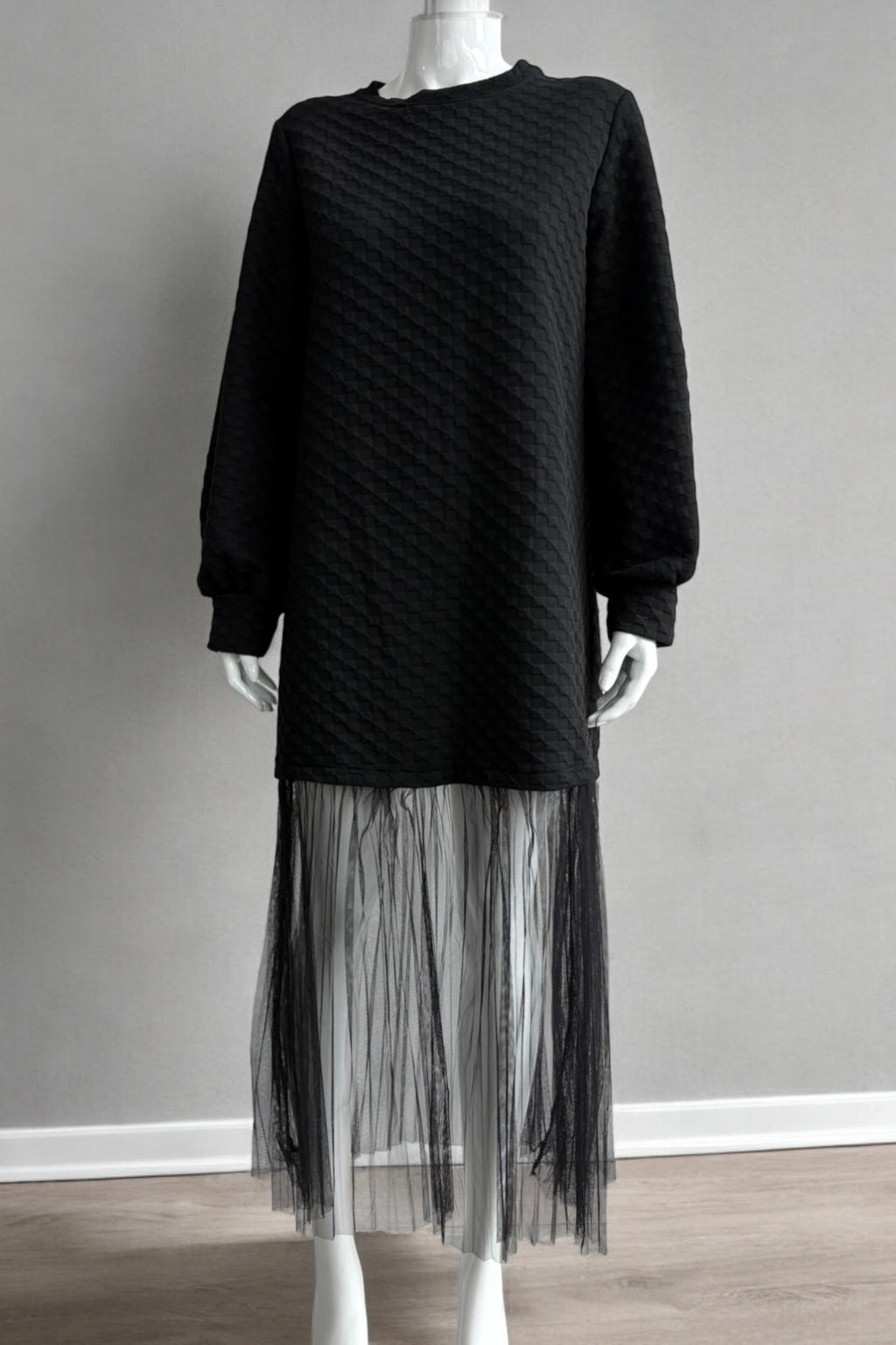Textured Black Dress with Sheer Mesh Hem