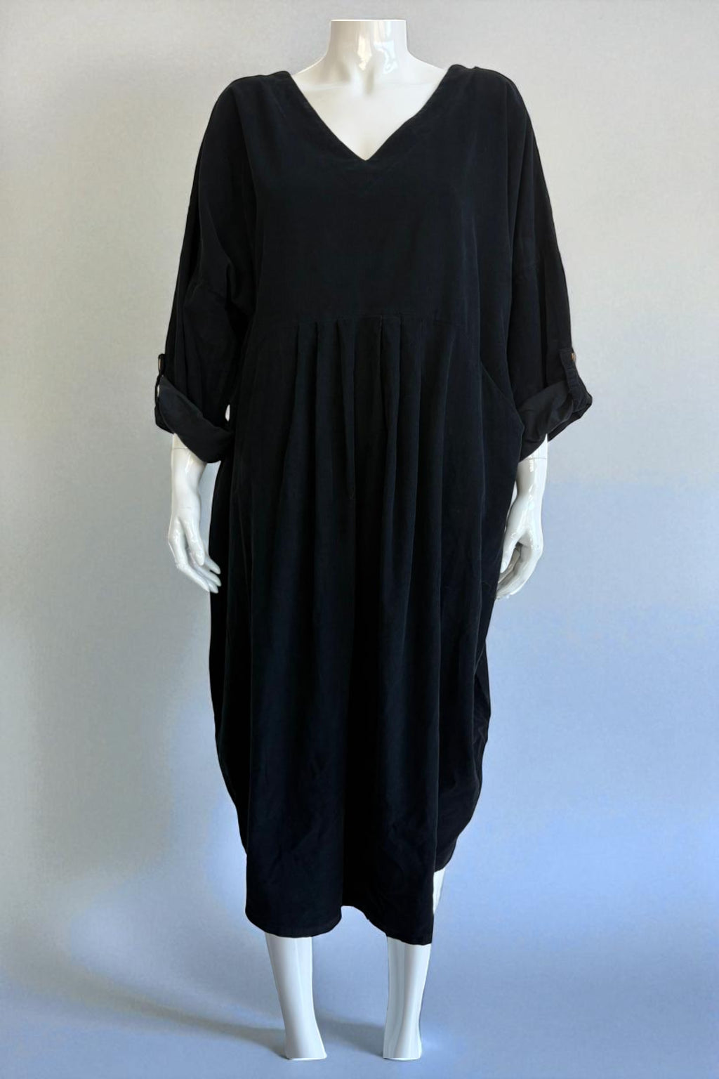 Made in Italy V Neck Corduroy Pleat Dress