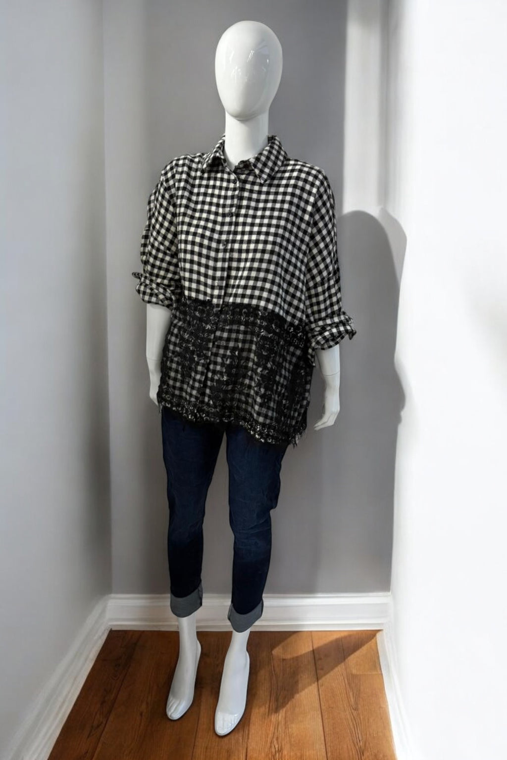 Women’s Gingham Button Down Shirt with Lace Detail
