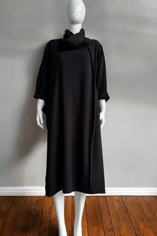 Oversized Long-Sleeve Casual Midi Dress with Cowl Neck