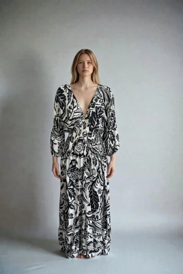 V- Neck Shirred Elastic Printed Dress