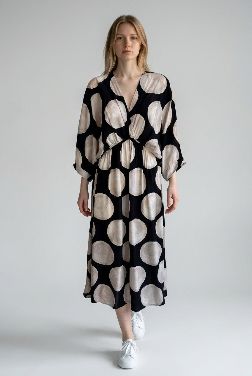 V Neck Elasticated waist Polka dot Dress