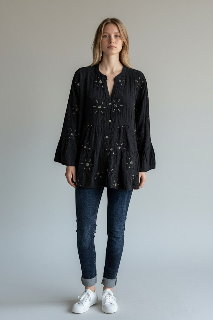 Made in Italy Waffle Cotton Embroided Smock Top