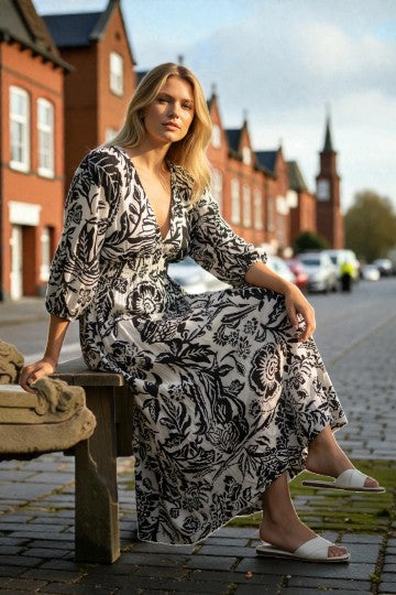 V- Neck Shirred Elastic Printed Dress