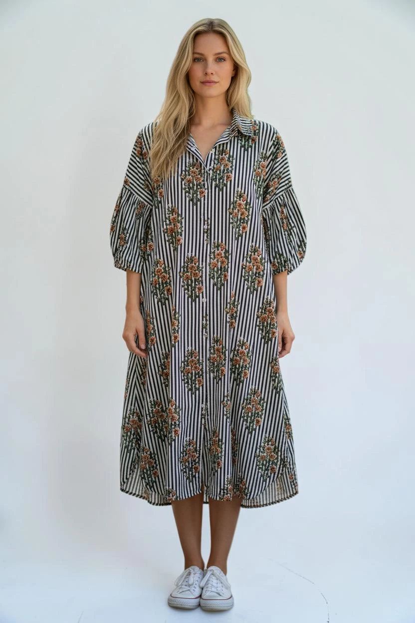 Cotton Puffball Sleeve stripe Floral Shirt Dress
