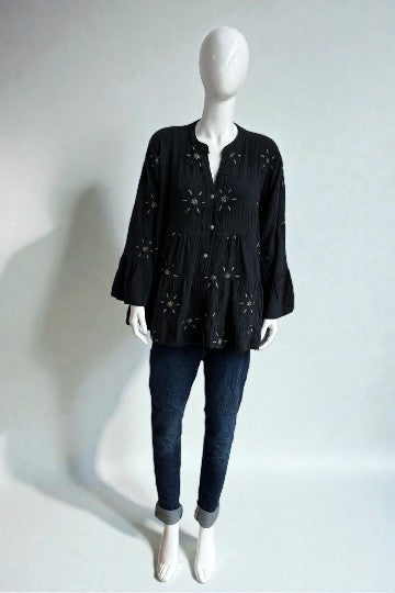 Made in Italy Waffle Cotton Embroided Smock Top