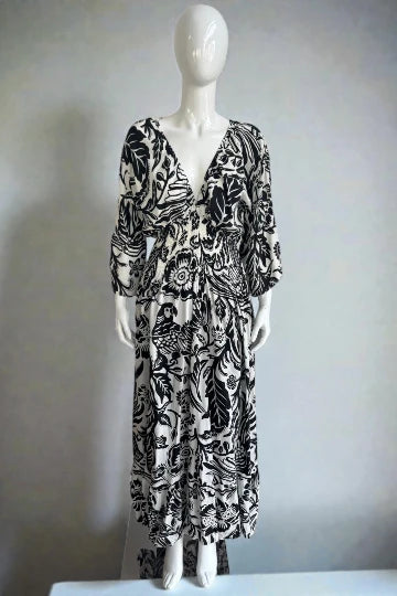 V- Neck Shirred Elastic Printed Dress