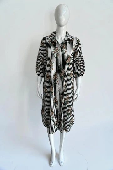 Cotton Puffball Sleeve stripe Floral Shirt Dress