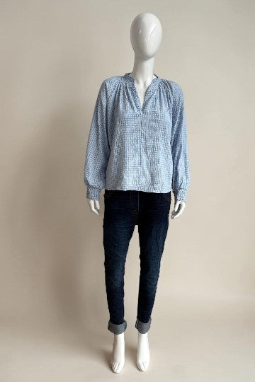 Gingham Peasant Blouse with Smocked Cuffs