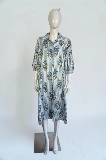 Cotton Puffball Sleeve stripe Floral Shirt Dress