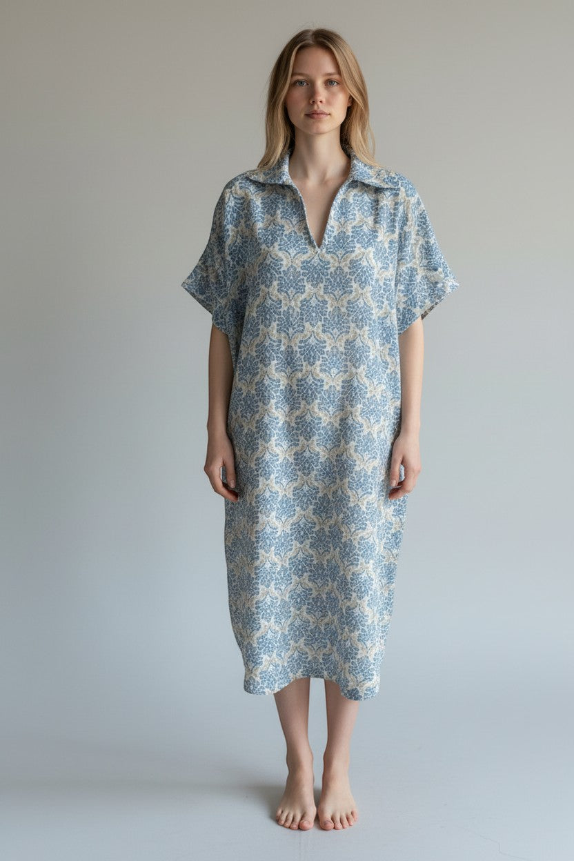 Cotton V Neck Printed Dress Lagenlook