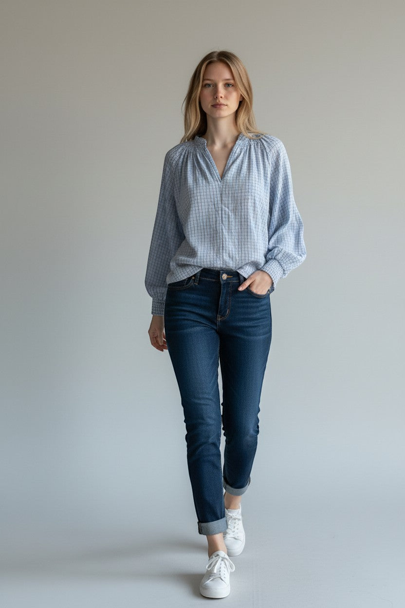 Gingham Peasant Blouse with Smocked Cuffs