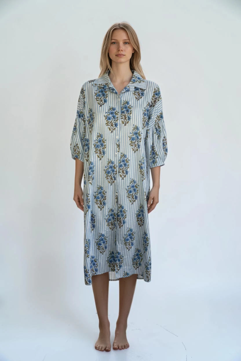 Cotton Puffball Sleeve stripe Floral Shirt Dress