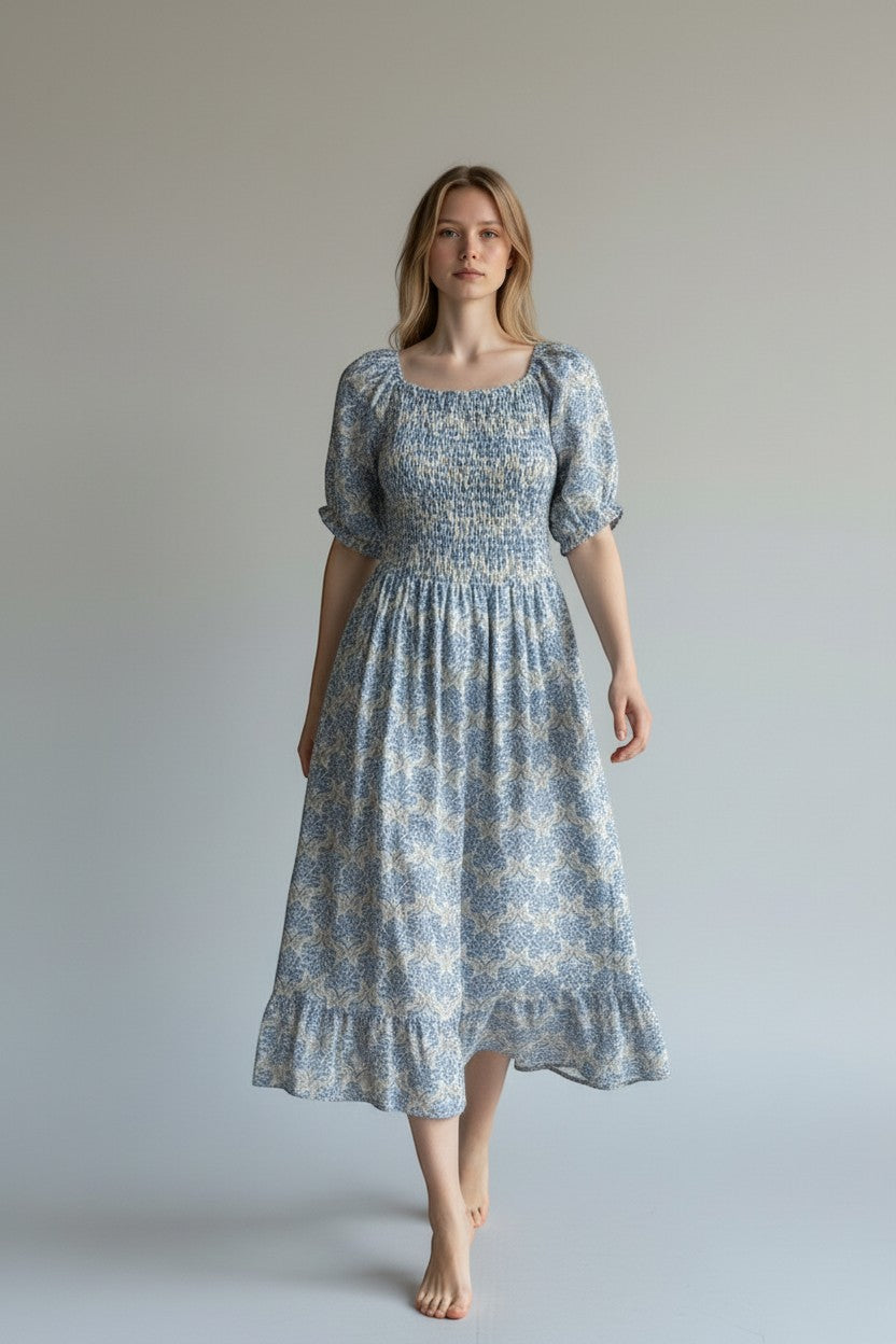 Shirred Elasticated Printed Waffle Cotton Bardot Dress
