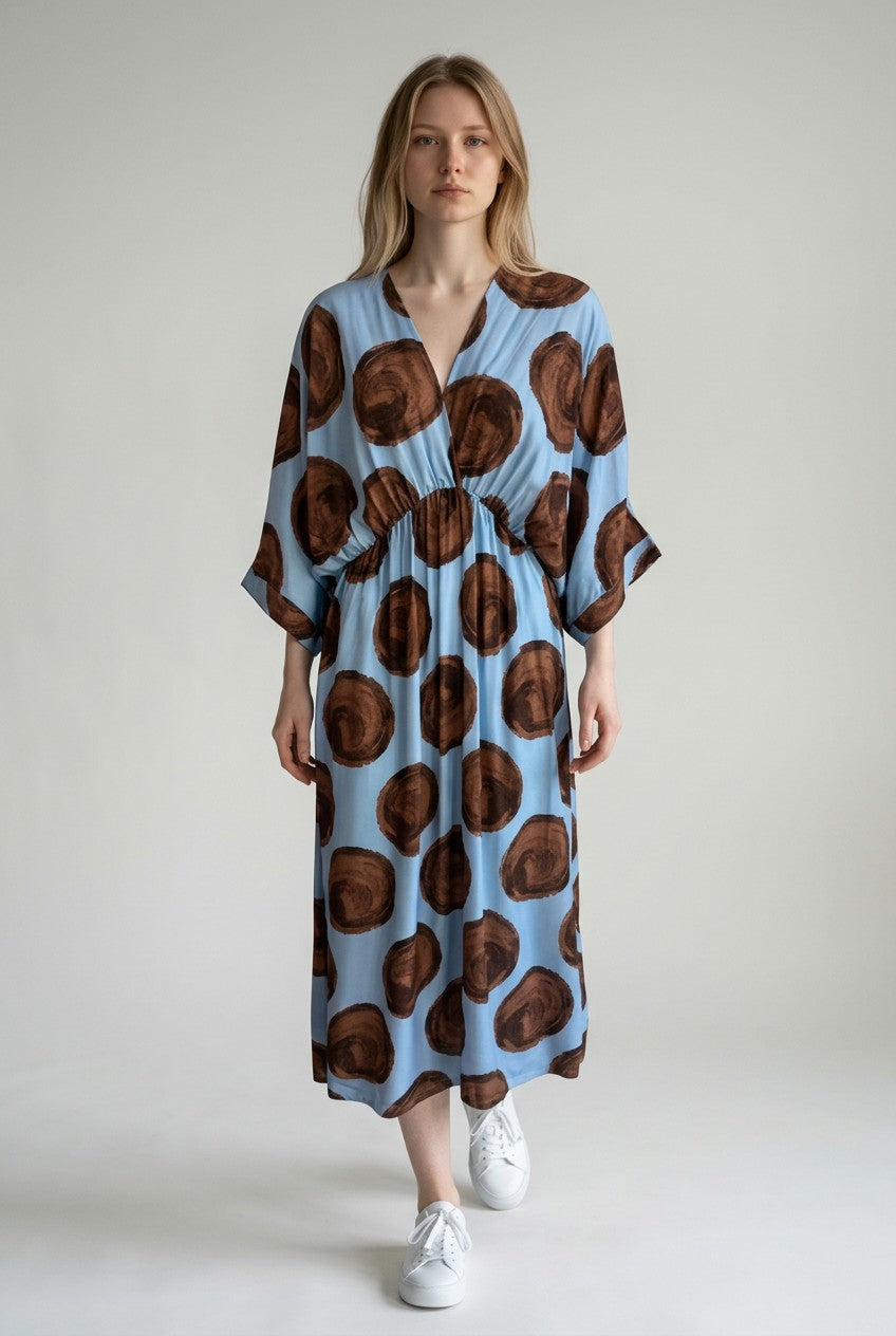 V Neck Elasticated waist Polka dot Dress