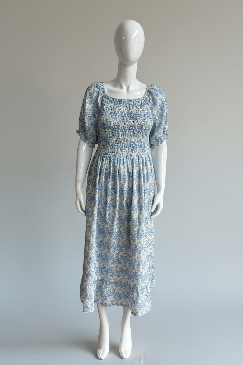 Shirred Elasticated Printed Waffle Cotton Bardot Dress