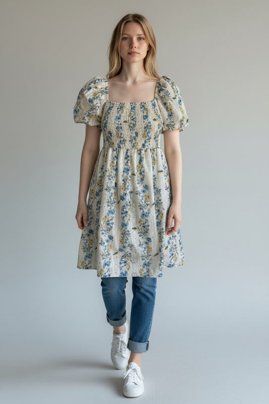 Zetaotto Shirred Elastic Printed Broidery Dress