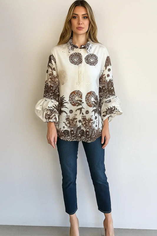 Women's Broidery Palm Tree Flute Sleeve Shirt