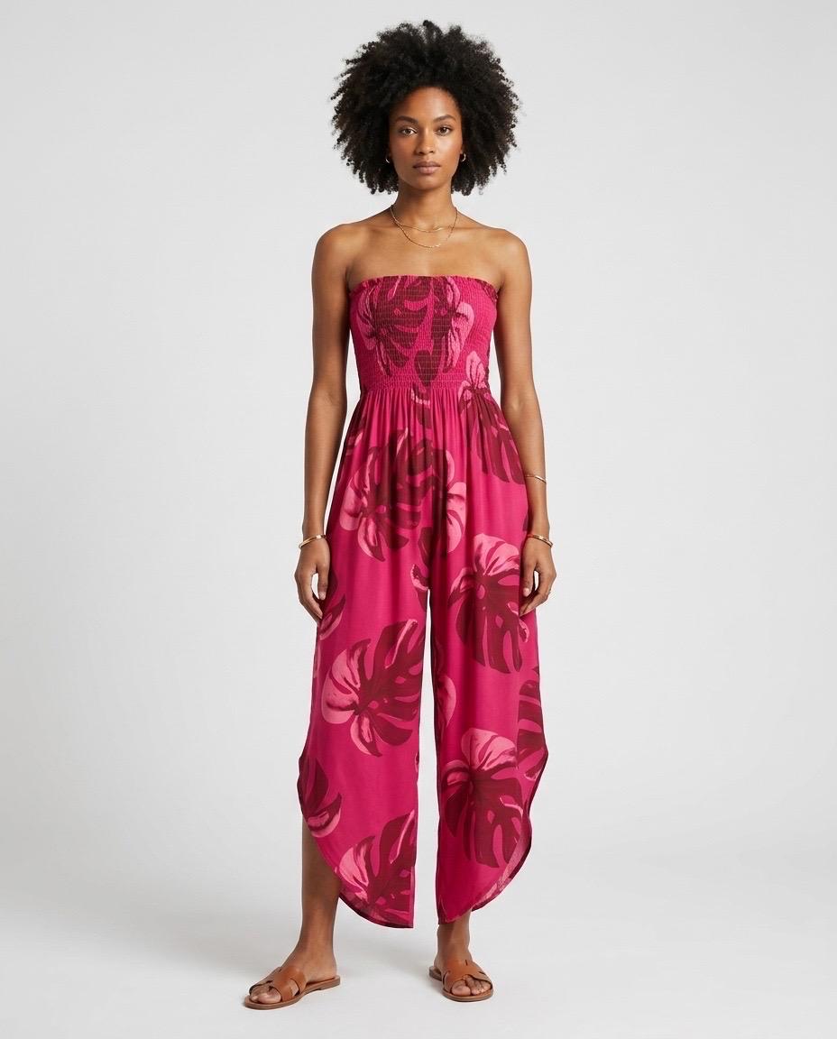Shirred Elastic Bandeau Leaf Print Jumpsuit
