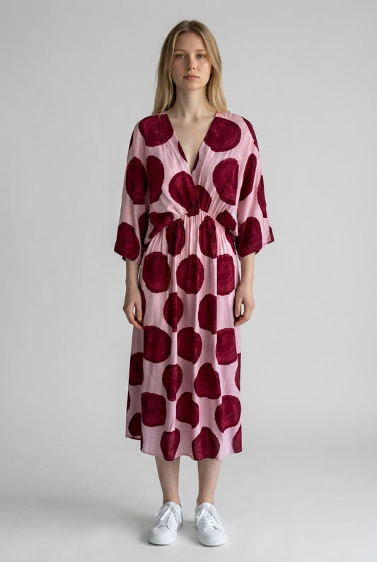 V Neck Elasticated waist Polka dot Dress