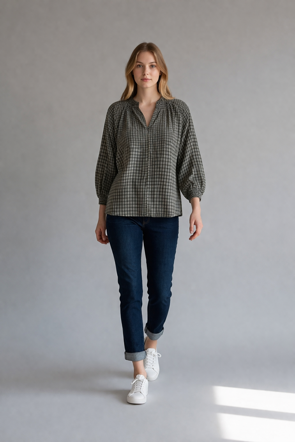 Gingham Peasant Blouse with Smocked Cuffs