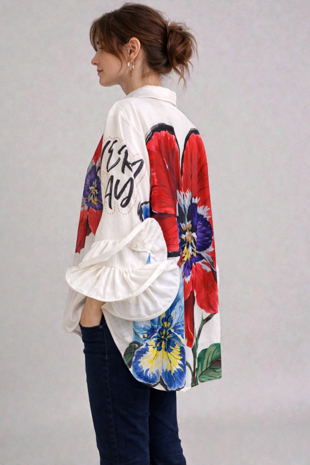 Made in Italy Flute Sleeve Floral Shirt