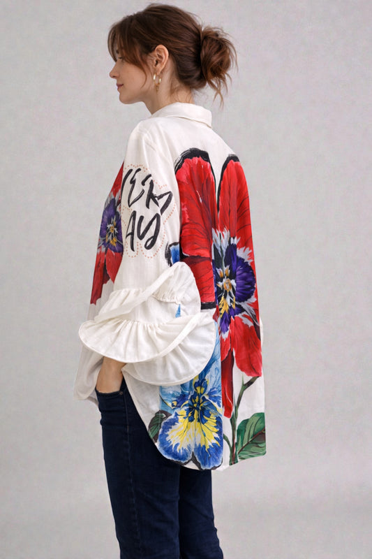 Made in Italy Flute Sleeve Floral Shirt