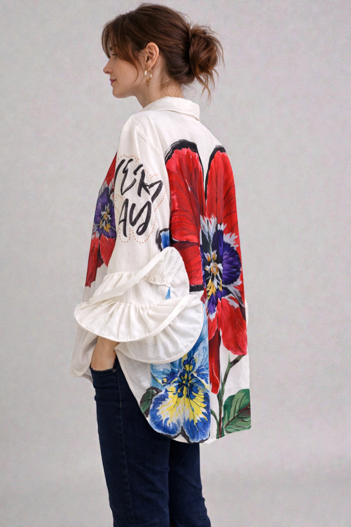 Made in Italy Flute Sleeve Floral Shirt