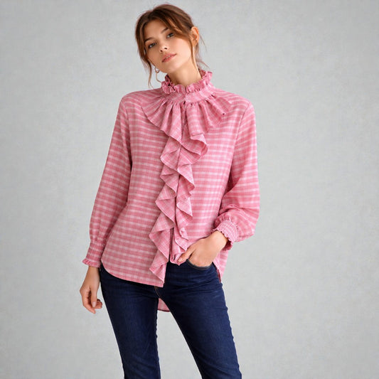 Made in Italy Cotton Plaid Frill Blouse