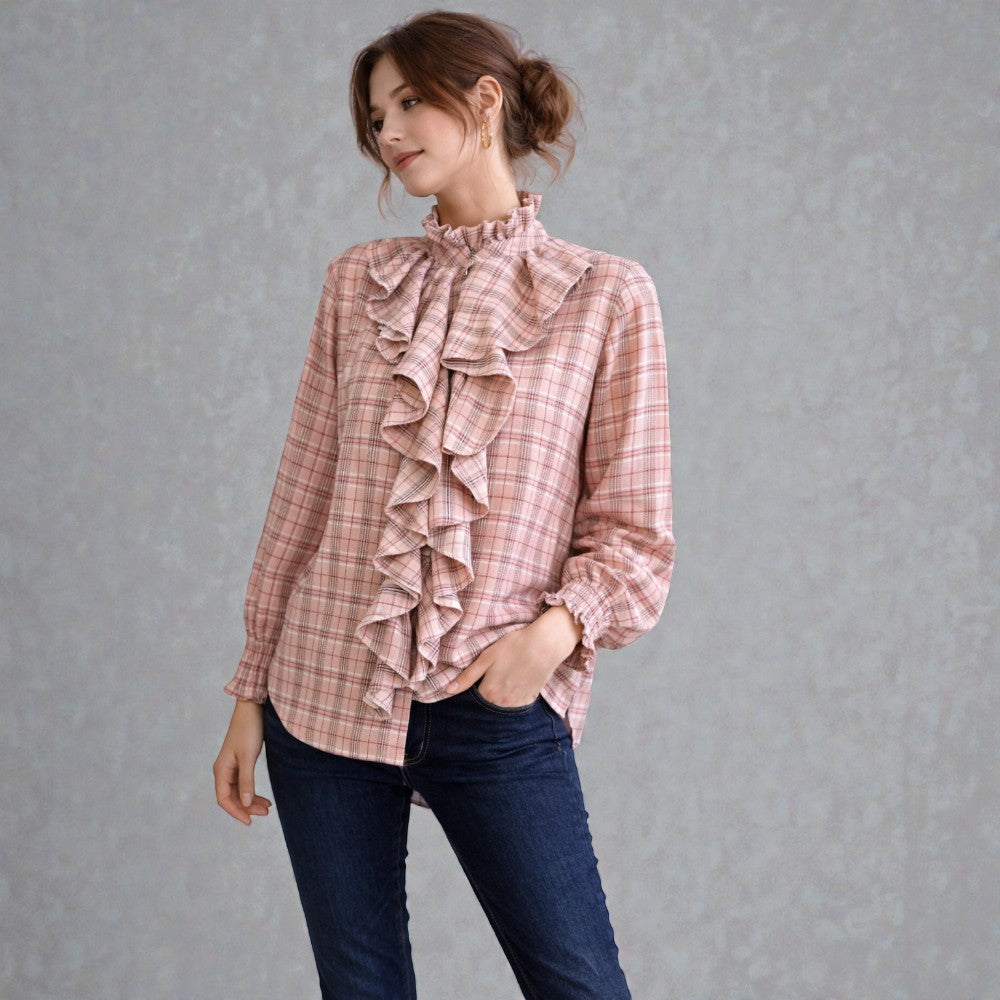 Made in Italy Cotton Plaid Frill Blouse