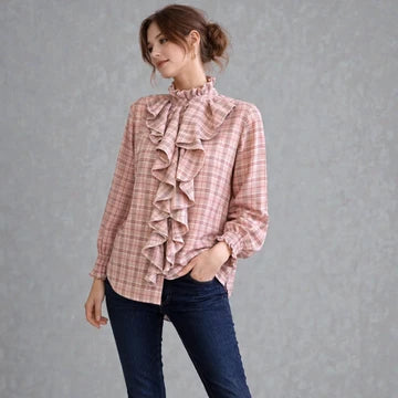 Made in Italy Cotton Plaid Frill Blouse