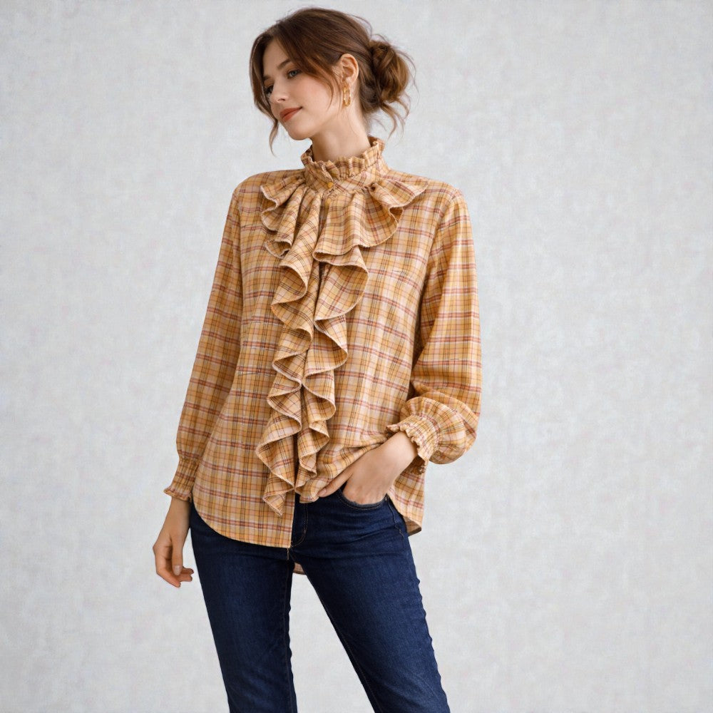 Made in Italy Cotton Plaid Frill Blouse