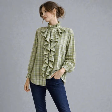 Made in Italy Cotton Plaid Frill Blouse